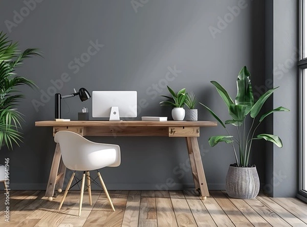 Fototapeta 3D rendering of a modern home office interior with a wooden desk, white chair and grey wall background