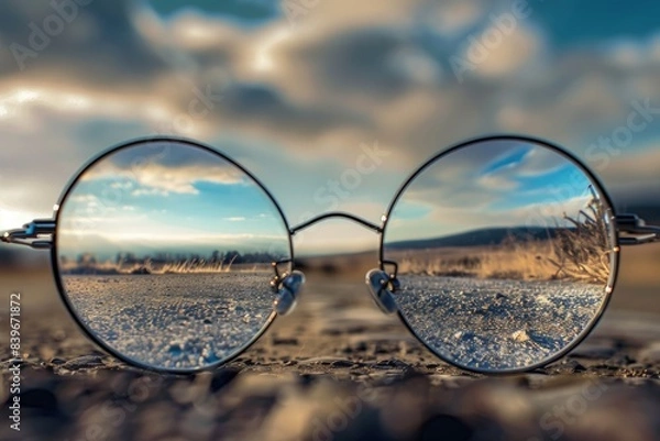 Fototapeta A pair of sunglasses resting on the surface of a sandy area, possibly abandoned or left behind