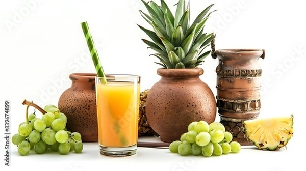 Fototapeta A set of kitchen utensils, an orange juice in a glass with pineapple and straw, green grapes on the table,