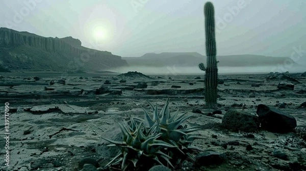 Fototapeta   A lone cactus stands amidst the arid expanse of a desert, its silhouette framed against the hazy, misty sky In the far distance, the