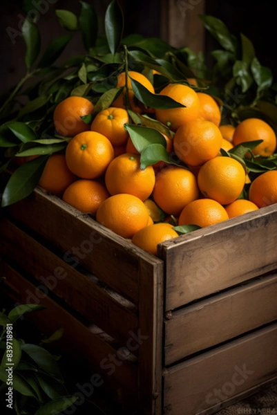 Fototapeta Fresh oranges in rustic wooden crate