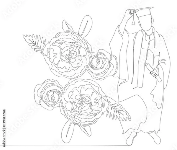 Fototapeta One continuous line of Graduation, man wearing Mortarboard with rose flowers. Thin Line Illustration vector concept. Contour Drawing Creative ideas.