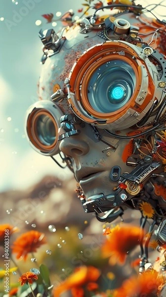 Fototapeta Craft a futuristic close-up scene showcasing a robotic wildlife photographer in a surrealistic landscape, blending vivid colors and intricate details in a CG 3D format