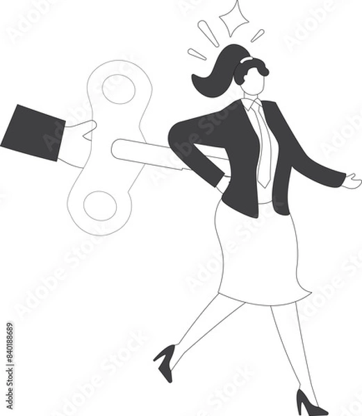 Fototapeta Tired Businesswoman with wind up key, Tired woman with wind up key has run out of power