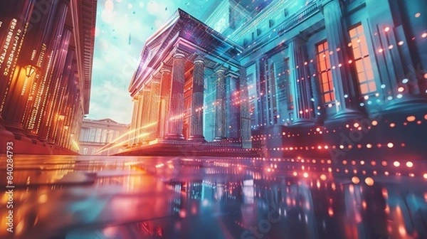 Fototapeta very active holographic of A stylized representation of a bank branch, with statistical graphs representing financial transactions flowing through the building like water, symbolizing the constant