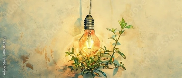 Fototapeta Illuminated lightbulb with green plants growing around it against a rustic wall background, symbolizing eco-friendly and sustainable energy.