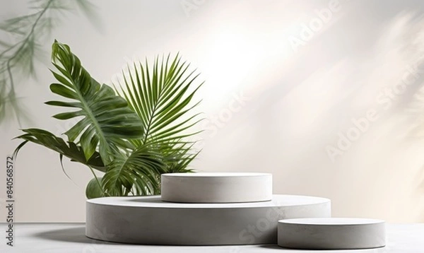 Fototapeta 3d rendering of a podium with a monstera leaf in the background