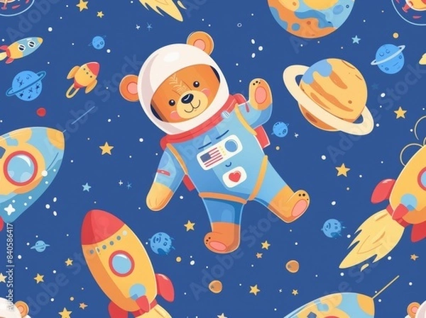 Fototapeta A seamless pattern with a funny astronaut and outer space transportation