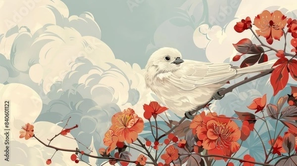 Fototapeta Illustration of a white bird perched on a branch with vivid red flowers and a dreamy blue sky background. Art, nature, and beauty combined.