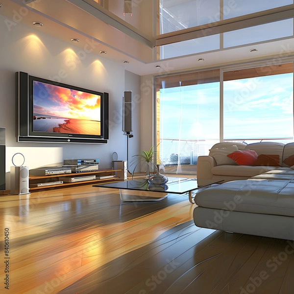 Obraz 3D Rendering of a Modern Living Room with a Flat Screen TV and Sofa