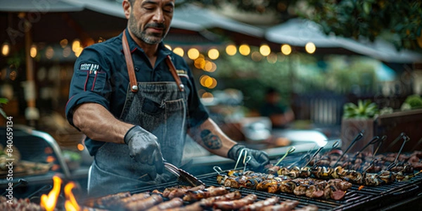 Fototapeta Chefs grilling skewers on outdoor barbecue. Food, cooking, and culinary concept for design and print