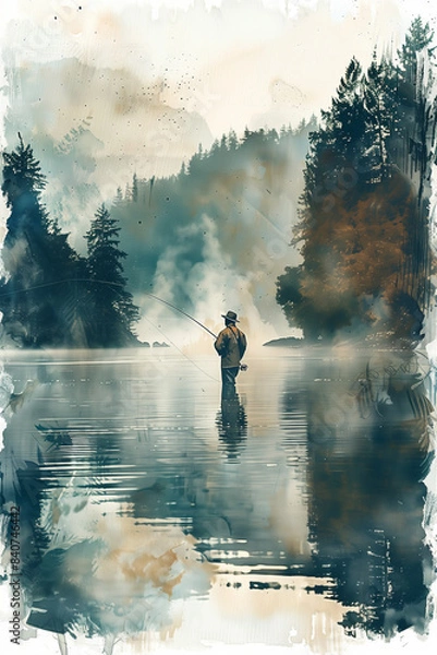 Fototapeta Watercolor painting of a man fishing with a rod at the riverside.