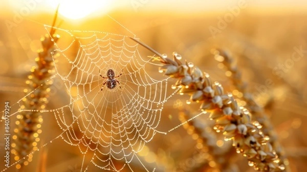 Fototapeta  A spider rests on its web in the heart of a wheat field Sunlight filters through the intricate strands of the spider's web