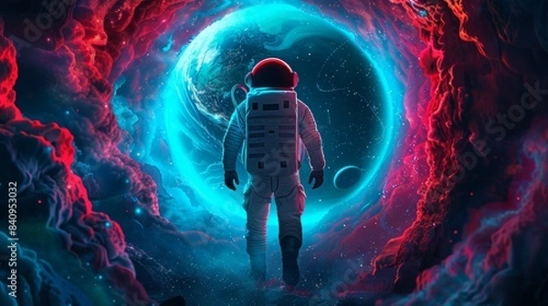 Fototapeta A man in a spacesuit is walking through a tunnel in space, space-time portal