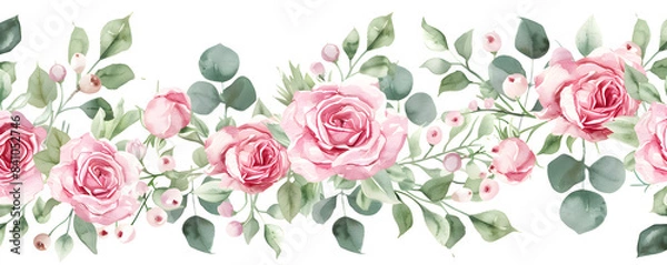 Obraz Watercolor Seamless Pattern with Pink Roses and Green Leaves