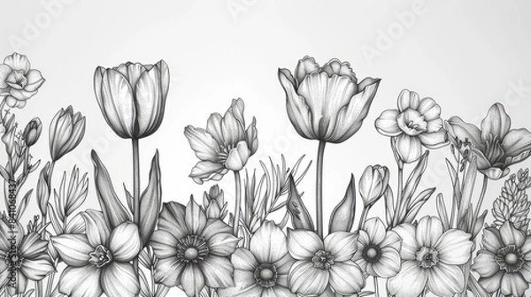 Fototapeta A pencil drawing of spring flowers, including tulips, daffodils, and other wildflowers, wallpaper, card