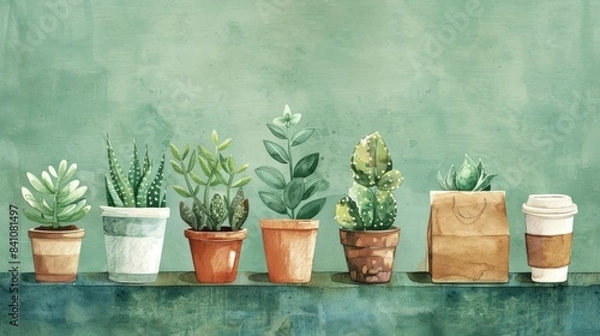 Fototapeta A charming illustration of potted plants in various containers against a textured green background. Includes succulents, a coffee cup, and leafy plants.