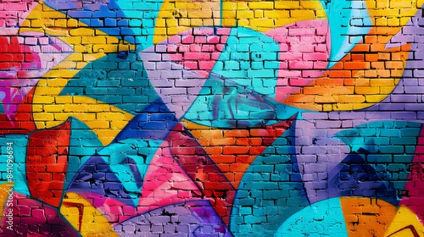 Fototapeta Colorful Geometric Graffiti On Brick Wall In Urban Setting