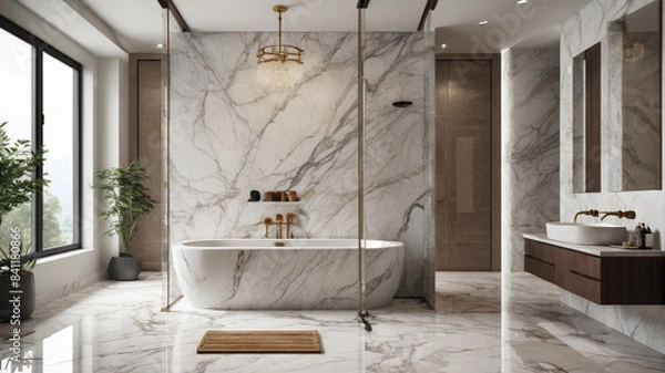 Fototapeta Grandeur Bathrooms: Italian Marble, Rainfall Showers, Opulent Relaxation, Generative AI