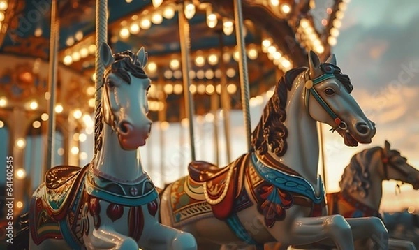 Fototapeta Vintage carousel with ornate horses painted in classic colors, Generative AI