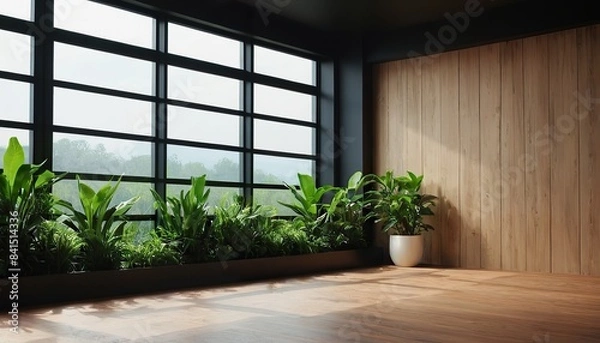 Fototapeta black living room with a wall of plants and a wooden floor.