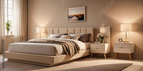 Fototapeta A modern beige bedroom with a sleek, low-profile bed and a minimalist nightstand.