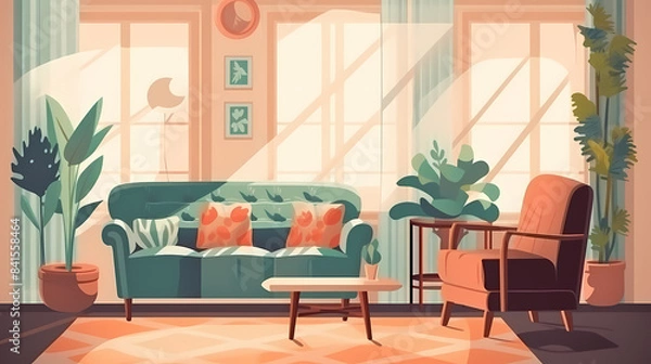 Fototapeta Living room interior. Comfortable sofa, window, chair and house plants. Paper cut style