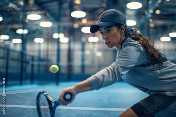 Fototapeta Young woman playing pickleball at the pickleball court