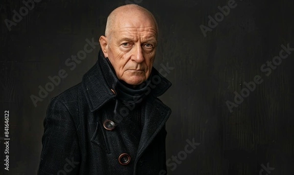 Fototapeta AI Generated Image. Studio portrait of the mature thoughtful bald man in black coat