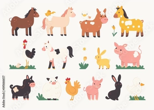 Fototapeta Modern illustration of farm animals set in flat style on white background. Cute cartoon animals collection: sheep, goats, cows, donkeys, horses, pigs, dogs, chickens, hens, and roosters.