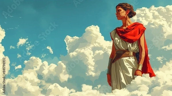 Fototapeta Woman in White Dress and Red Cloak Standing Against a Sky Full of Clouds