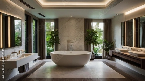 Fototapeta Modern bathroom design featuring a sleek white bathtub