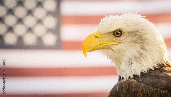 Fototapeta Patriotic banner with bald eagle, blurred background of american flag