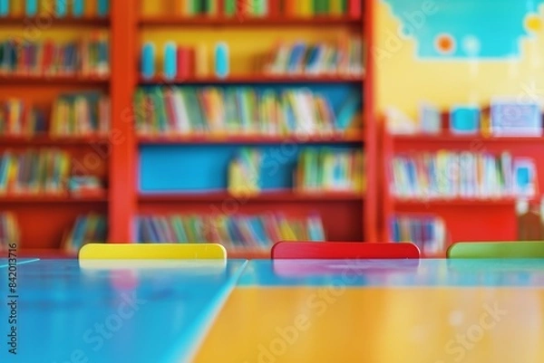 Fototapeta Blurred multicolored background of kindergarten and school library