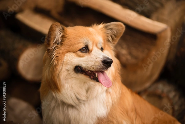 Fototapeta Adorable Fluffy Welsh Corgi Pembroke posing on a stack of logs. Portrait of an Cute Corgi Dog