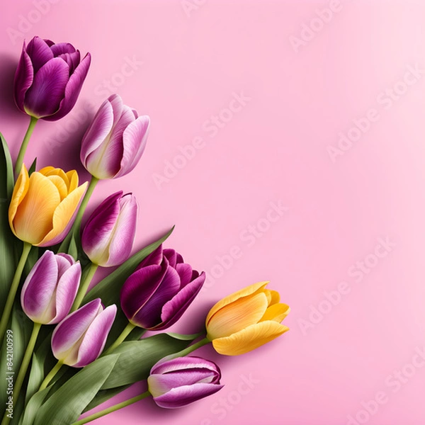 Fototapeta Happy Mother's Day! This beautiful illustration on baby pink background is the perfect way to celebrate all the amazing moms out there. The bright purple and dark pink-yellow flowers bring a cheerful 