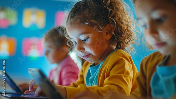 Fototapeta Group of young children using tablets in a classroom, focusing on educational activities and early childhood learning.