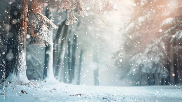 Fototapeta a serene winter forest, snow-covered trees, a gentle snowstorm blurring the background