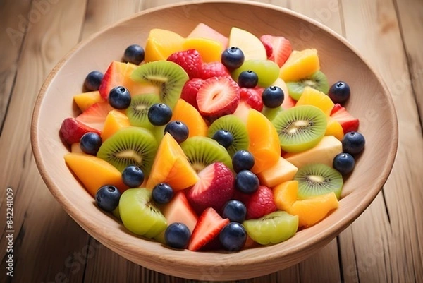 Fototapeta Bowl of healthy fresh fruit salad on wooden background. Top view.