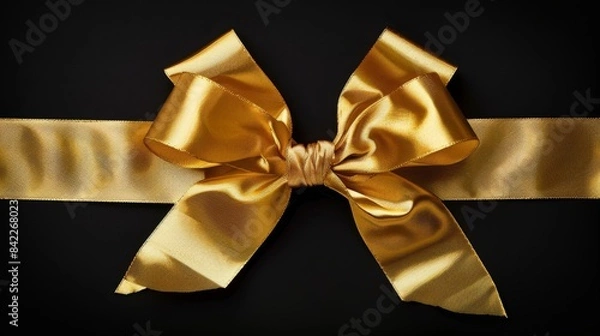 Fototapeta Satin gold ribbon with detailed loops and tails. Perfect for holiday decorations, birthday cards, and packaging.