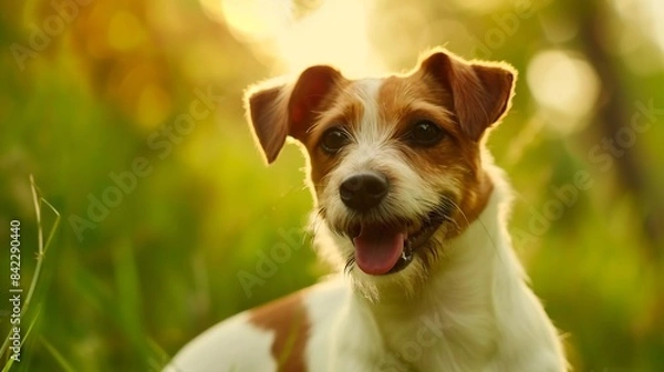 Fototapeta large portrait of Jack Russell Terrier dog on a green summer background : Generative AI