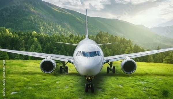 Fototapeta airplane on the ground, airplane in the sky, helicopter in flight, Conceptual image of green, eco-friendly fuel for aviation, symbolizing the sustainable future of air travel with a focus on environme