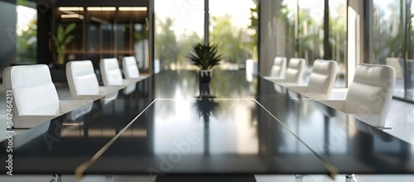 Fototapeta A large, sleek black conference table with white chairs arranged around it in an empty room filled with natural light