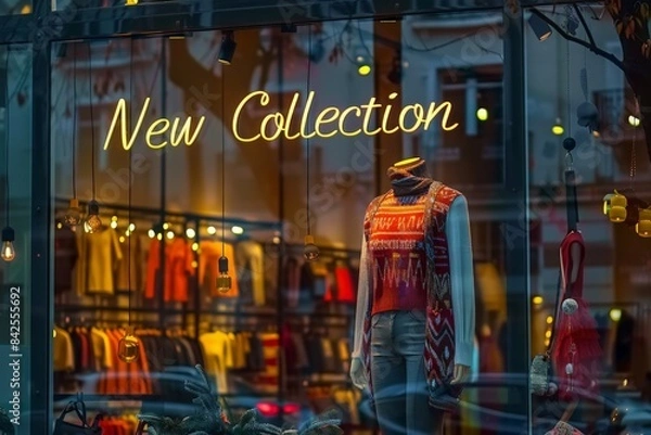 Fototapeta A storefront window displays a mannequin dressed in a stylish outfit with the words New Collection illuminated in the background.