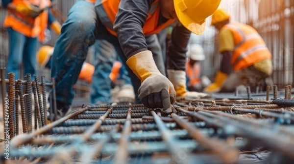 Fototapeta A team of skilled workers work together to assemble intricate prefabricated building elements showcasing their efficient teamwork.