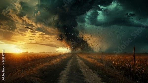 Fototapeta A dramatic apocalyptic scene with a massive tornado engulfing the horizon, set against a stormy sky with lightning, portraying nature's fierce power.