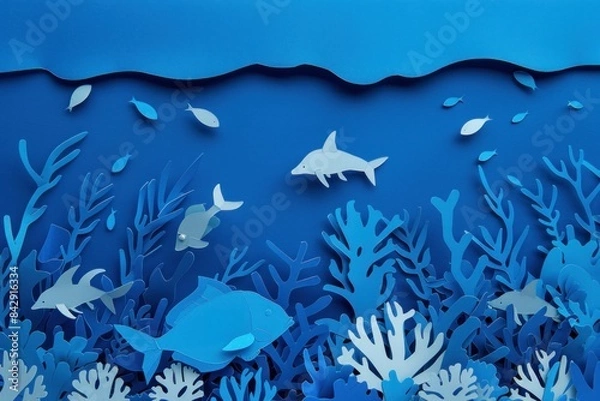 Fototapeta Underwater wonderland vibrant marine life and colorful corals in a paper cut artwork