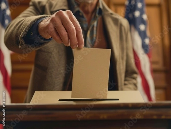 Fototapeta Voter placing a ballot into a box symbolizing the act of voting in an election with American flags in the background