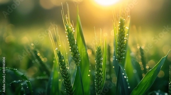 Fototapeta Close-up of wheat field with morning dew on the leaves. The setting sun provides a warm, golden light.