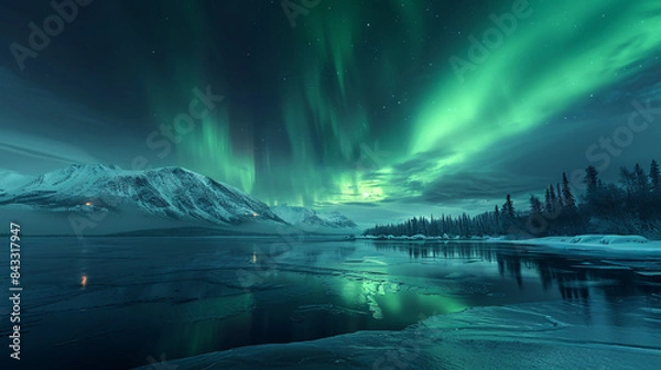 Fototapeta A frozen lake on a dark winter night with a green aurora lighting up the sky, creating a surreal and majestic atmosphere.